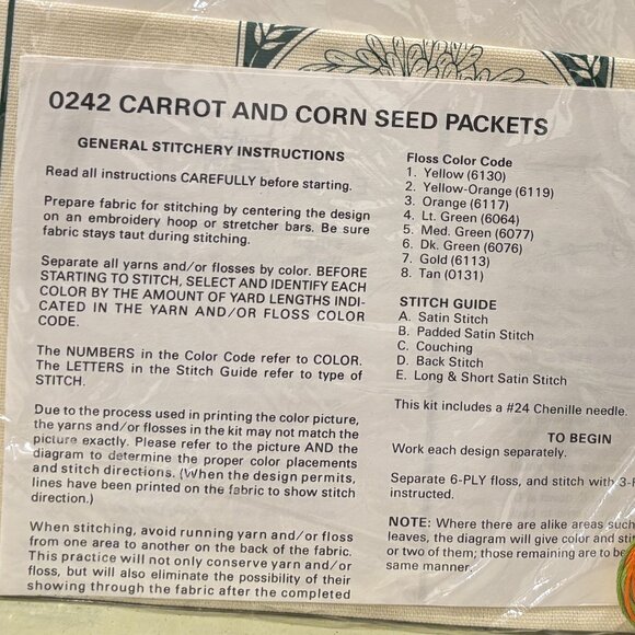 Vintage Creative Circle Kit# 0242 Carrots and Corn Seed Packet Embroidery Crewel - Picture 4 of 6